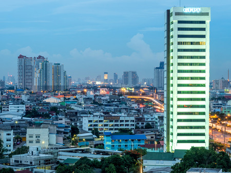 BANGKOK - AUGUST 13: Skyscraper buildings in Bangkok, capital city of Thailand, in twilight night view, was taken on August 13, 2015, in Bangkok, Thailand.のeditorial素材