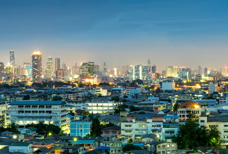 BANGKOK - AUGUST 13: Skyscraper buildings in Bangkok, capital city of Thailand, in twilight night view, was taken on August 13, 2015, in Bangkok, Thailand.のeditorial素材