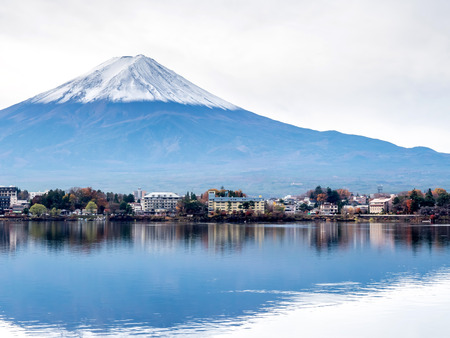 Fuji mountain with surrounding view under cloudy sky in Japanの写真素材