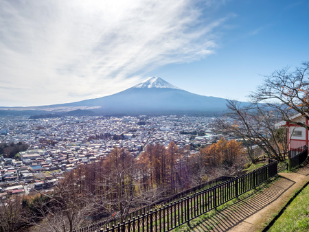 Fuji mountain with cityscape view under blue sky in Japanの写真素材
