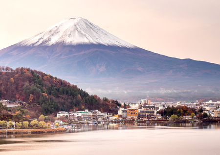 Fuji mountain with cloudy white sky and lake view in Japanの写真素材