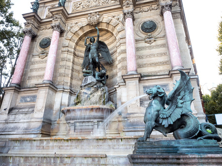 Fountain Saint Michel at Place Saint-Michel in Paris, was constructed in 1858-1860 by architect Gabriel Davioud.の写真素材