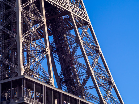 PARIS - SEPTEMBER 28: Close up for some part of Eiffel tower with clear blue sky in Paris, France, was taken on September 28, 2015.のeditorial素材