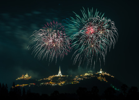Fireworks show at dark night at Phra Nakorn Kiri Khao Wang in Petchaburi, Thailandのeditorial素材