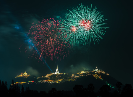 Fireworks show at dark night at Phra Nakorn Kiri Khao Wang in Petchaburi, Thailandのeditorial素材