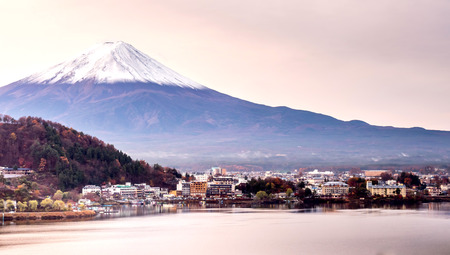 Fuji mountain with cloudy white sky and lake view in Japanの写真素材