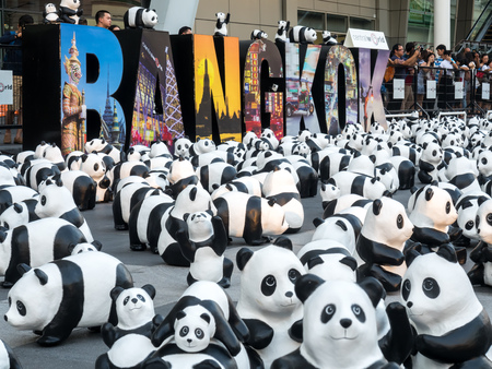 BANGKOK - MARCH 7: 1,600 pandas world tour, papier mache sculptures of pandas with recycled paper, exhibited at Central World shopping mall in Bangkok, Thailand, was taken on March 7, 2016.のeditorial素材
