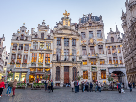 Grand place is beautiful and elegant landmark in Brussels, Belgium, under twilight evening sky at duskのeditorial素材