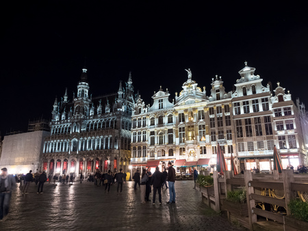 Grand place is beautiful and elegant landmark in Brussels, Belgium, under dark night skyのeditorial素材