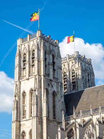 Saint Michael and Saint Gudule Cathedral in Brussels, Belgium, under clear blue skyの写真素材