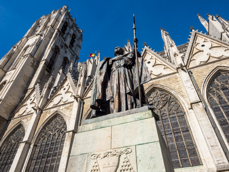 Saint Michael and Saint Gudule Cathedral in Brussels, Belgium, under clear blue skyの写真素材