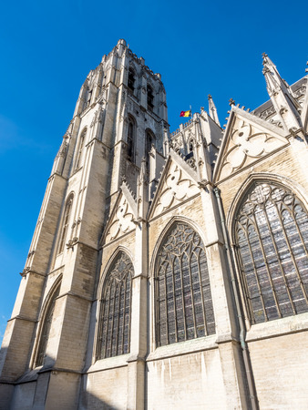 Saint Michael and Saint Gudule Cathedral in Brussels, Belgium, under clear blue skyの写真素材