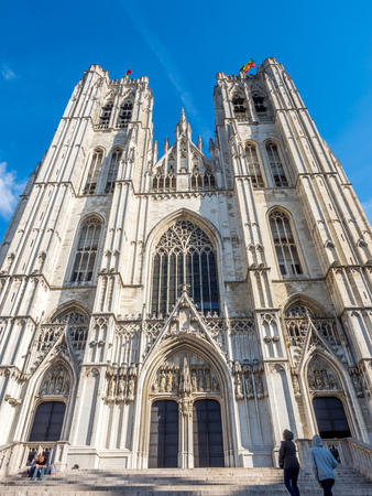 Saint Michael and Saint Gudule Cathedral in Brussels, Belgium, under clear blue skyの写真素材