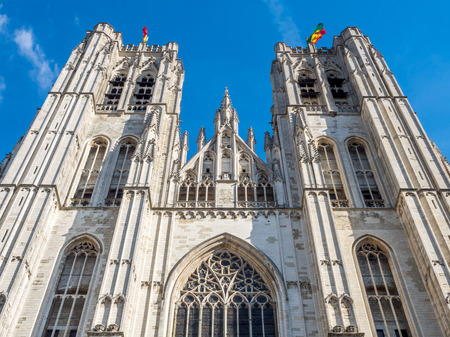 Saint Michael and Saint Gudule Cathedral in Brussels, Belgium, under clear blue skyの写真素材