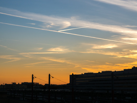Silhouette view of cityscape in Brussels under twilight evening skyの写真素材