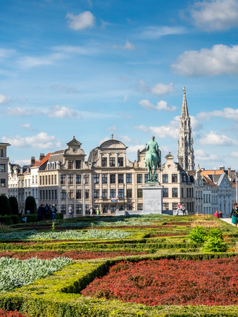 Mont des Arts, with the Town Hall spire in the distance under cloudy sky in Brussels, Belgiumの写真素材