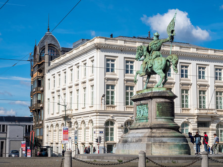 Unique architecture buildings around Mont de Arts area under cloudy blue sky in Brussels, Belgiumのeditorial素材