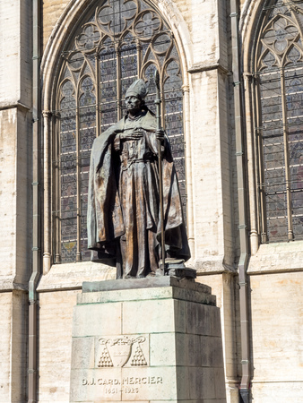 Saint Michael and Saint Gudule Cathedral in Brussels, Belgium, under clear blue skyの写真素材