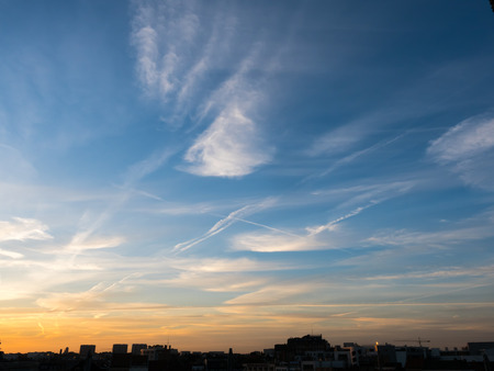 Silhouette view of cityscape in Brussels under twilight evening skyの写真素材