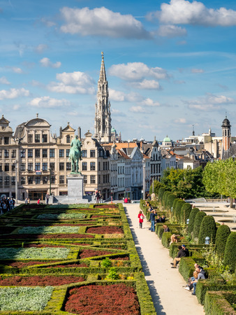 Mont des Arts, with the Town Hall spire in the distance under cloudy sky in Brussels, Belgiumのeditorial素材