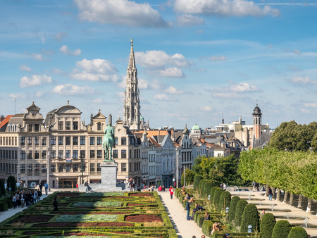 Mont des Arts, with the Town Hall spire in the distance under cloudy sky in Brussels, Belgiumのeditorial素材