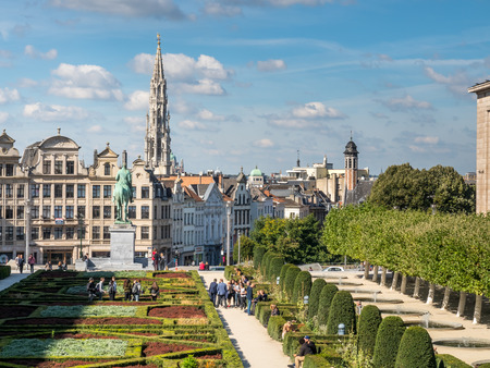 Mont des Arts, with the Town Hall spire in the distance under cloudy sky in Brussels, Belgiumのeditorial素材