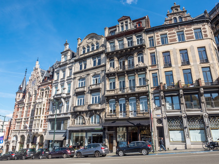 Unique architecture buildings around Mont de Arts area under cloudy blue sky in Brussels, Belgiumのeditorial素材