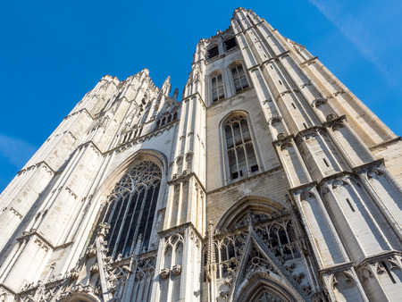Saint Michael and Saint Gudule Cathedral in Brussels, Belgium, under clear blue skyの写真素材
