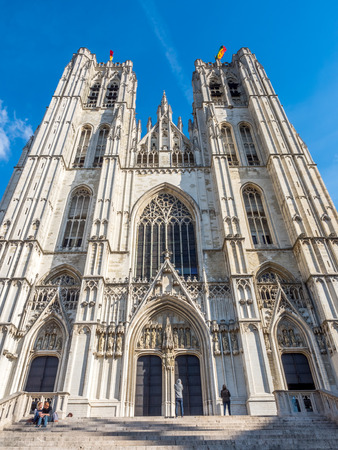 Saint Michael and Saint Gudule Cathedral in Brussels, Belgium, under clear blue skyの写真素材
