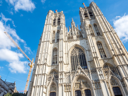 Saint Michael and Saint Gudule Cathedral in Brussels, Belgium, under clear blue skyの写真素材