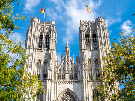 Saint Michael and Saint Gudule Cathedral in Brussels, Belgium, under clear blue skyの写真素材