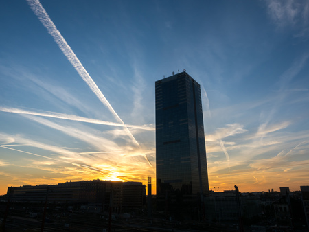 Silhouette view of cityscape in Brussels under twilight evening skyの写真素材