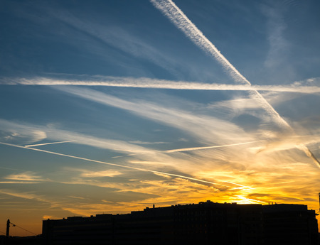 Silhouette view of cityscape in Brussels under twilight evening skyの写真素材