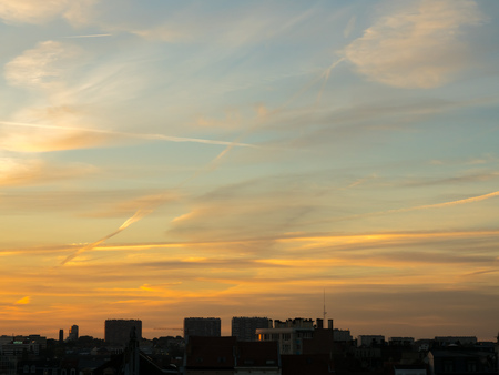 Silhouette view of cityscape in Brussels under twilight evening skyの写真素材