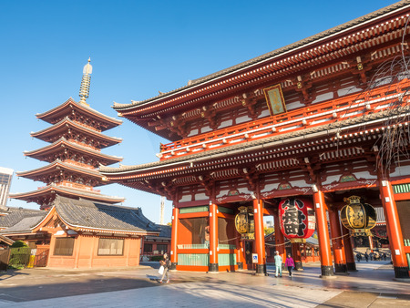 TOKYO - NOVEMBER 27: Sensoji temple entrance and pagoda in Asakusa, Tokyo, Japan, was taken on November 27, 2015.のeditorial素材