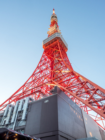 Tokyo tower is outstanding unique landmark in Tokyo, Japan, under twilight evening sky