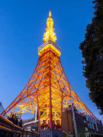 Tokyo tower is outstanding unique landmark in Tokyo, Japan, under twilight evening skyのeditorial素材