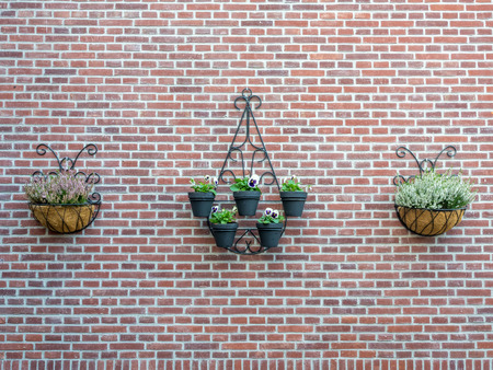 Flower baskets hang on brick wall for backgroundの写真素材