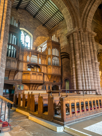 CHESTER - MAY 20 : Interior decoration and architecture of Parish Church of Saint John the Baptist Chester, in Chester city, England, was taken on May 20, 2016.のeditorial素材