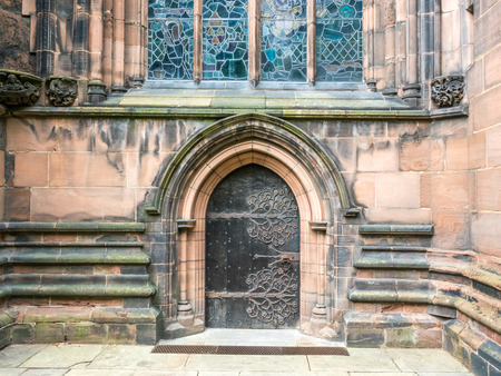 Chester Cathedral is landmark of Chester city, England, outstanding with Gothic architecture stonework exteriorly.の写真素材