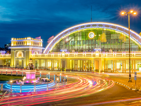 BANGKOK - JULY 24 : Centennial celebration of Hualampong, the central train station in Bangkok, Thailand,with night light decoration under cloudy twilight sky, on July 24, 2016.のeditorial素材