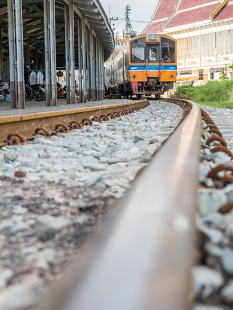 Train car stop at station with perspective view with railway track