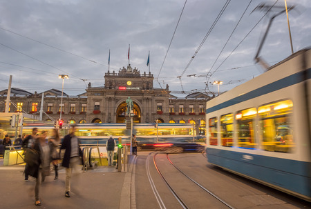 ZURICH - OCTOBER 8: Front of exterior architecture of Zurich central train station with city...