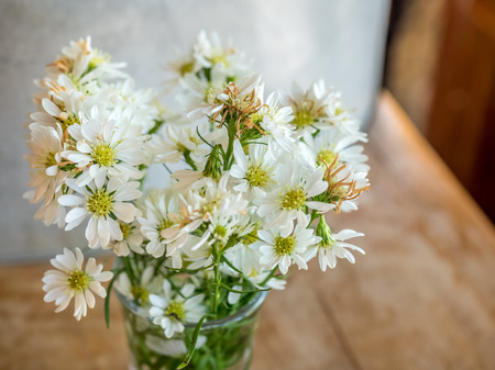 White flowers with yellow pollens in clear glass on outdoor tableの写真素材