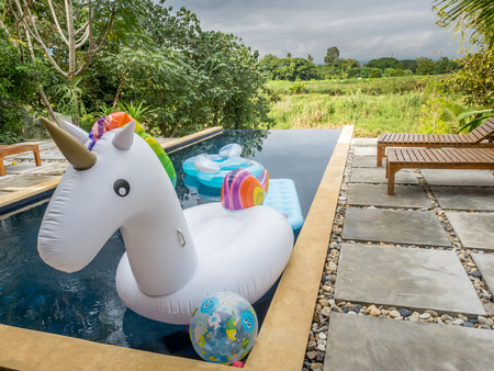 Unicorn swim tube on outdoor swimming pool with grass field and sky for backgroundの写真素材