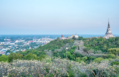 Phra Nakorn Kiri (Palace on the hill) is landmark of Petchaburi city in Thailand with old classic buddhist pagoda, under evening skyのeditorial素材