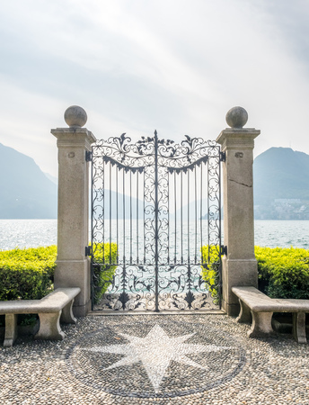 Pier gate side of Lake Lugano in spring season in Switzerlandの写真素材