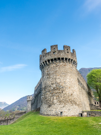 Castello di Montebello in Bellinzona city in Switzerland, surrounding with mountain, forests and impressive landscape view, under cloudy blue skyのeditorial素材