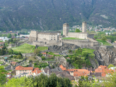 Castelgrande and surrounding cityscpae view from Castello di Montebello in Bellinzona, Switzerlandのeditorial素材