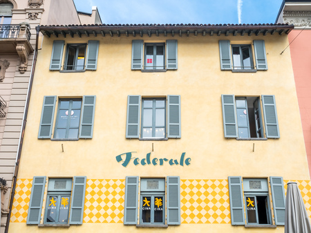 LUGANO - APRIL 7 : Scene of buildings in Lugano city under cloudy blue sky in Lugano, Switzerland , on April 7, 2017.のeditorial素材